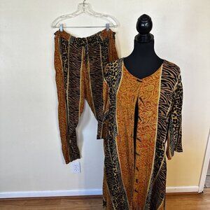 Vintage Tan Chho Tunic Dress and Pant Set Womens One Size Brown Animal Print